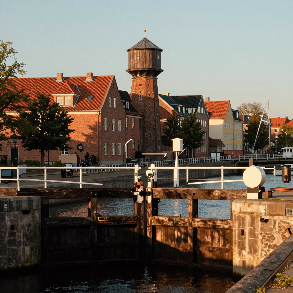Copenhagen Golden Hour Canal Lock Wooden Gates Water Tower Rooftop Cityscape in in Copenhagen, Denmark