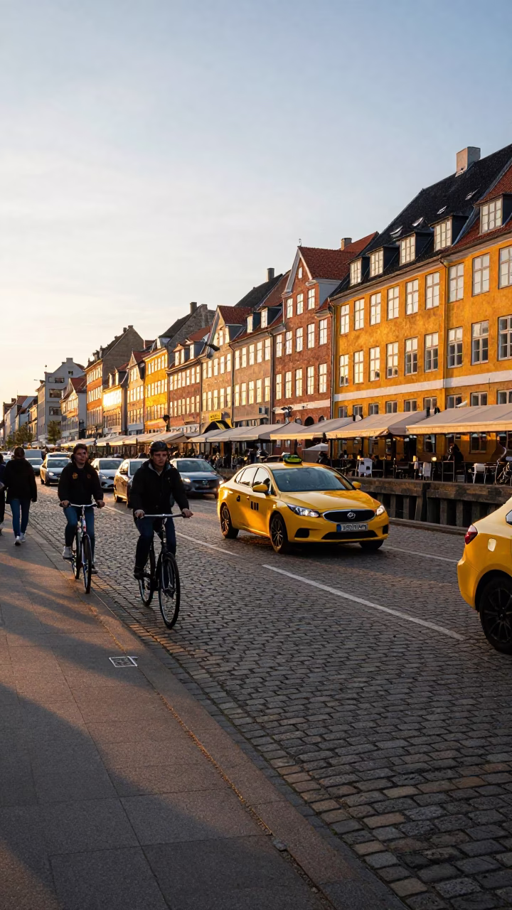 Copenhagen Golden Hour Street Scene with Bicycle Traffic and Yellow Taxi in in Copenhagen, Denmark