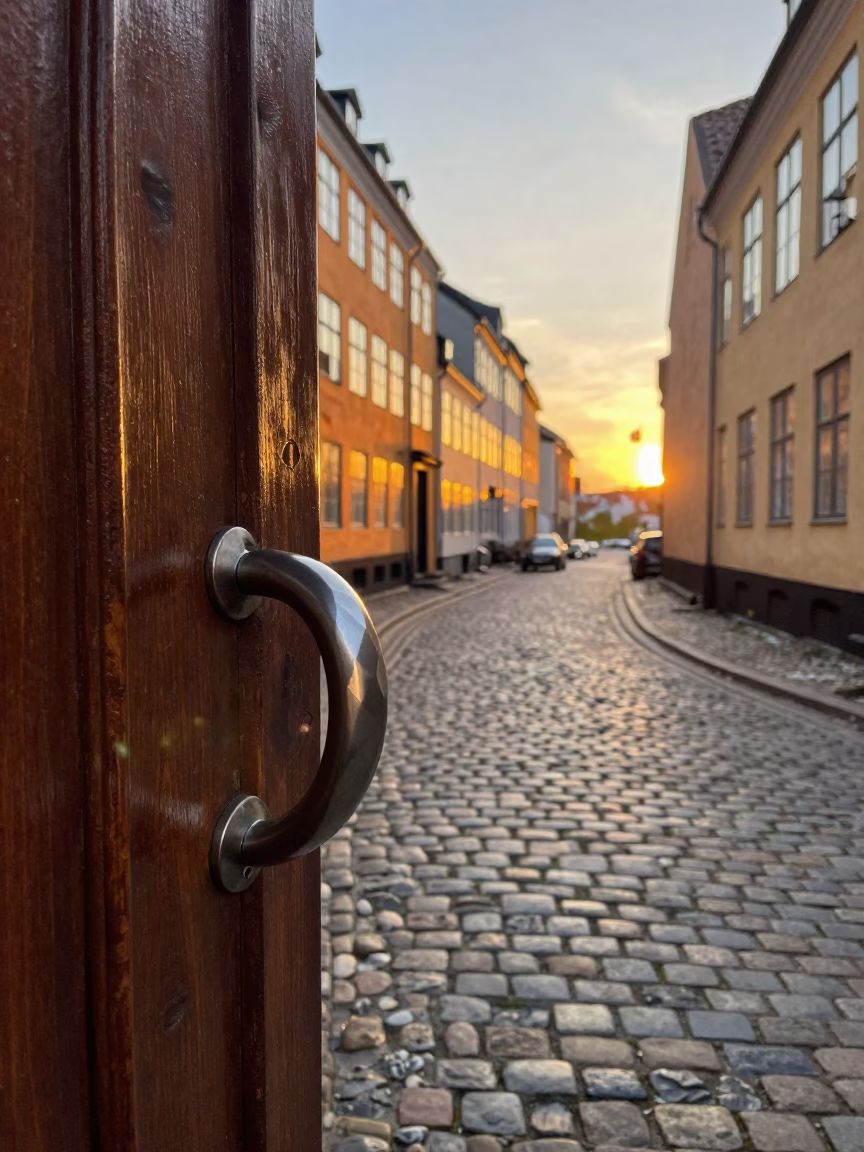Copenhagen Golden Hour Street Scene with Brushed Steel Handle and Faceted Glass Reflections in in Copenhagen, Denmark