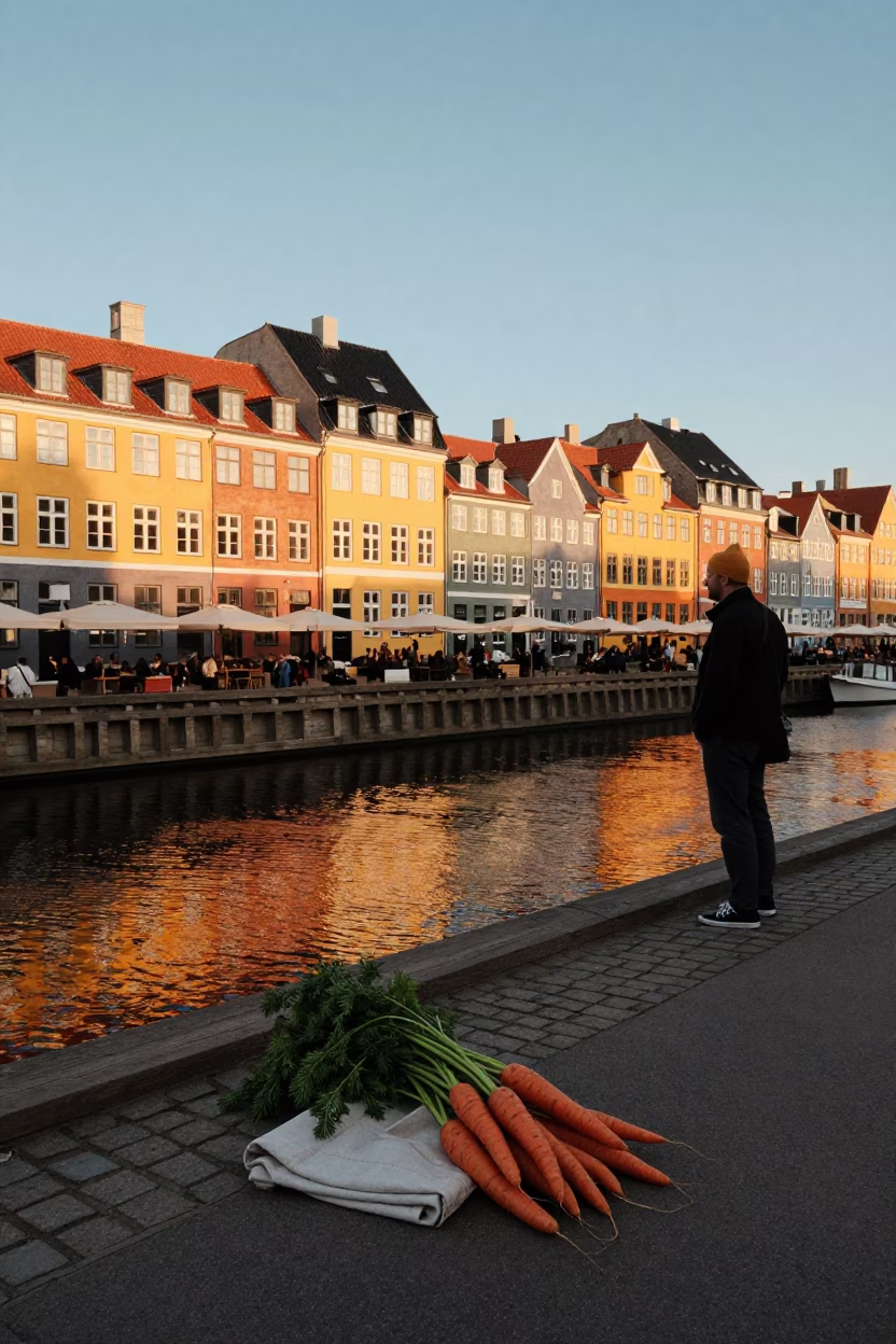 Copenhagen Golden Hour Street Scene with Carrots and Linen Napkin at Nyhavn in in Copenhagen, Denmark