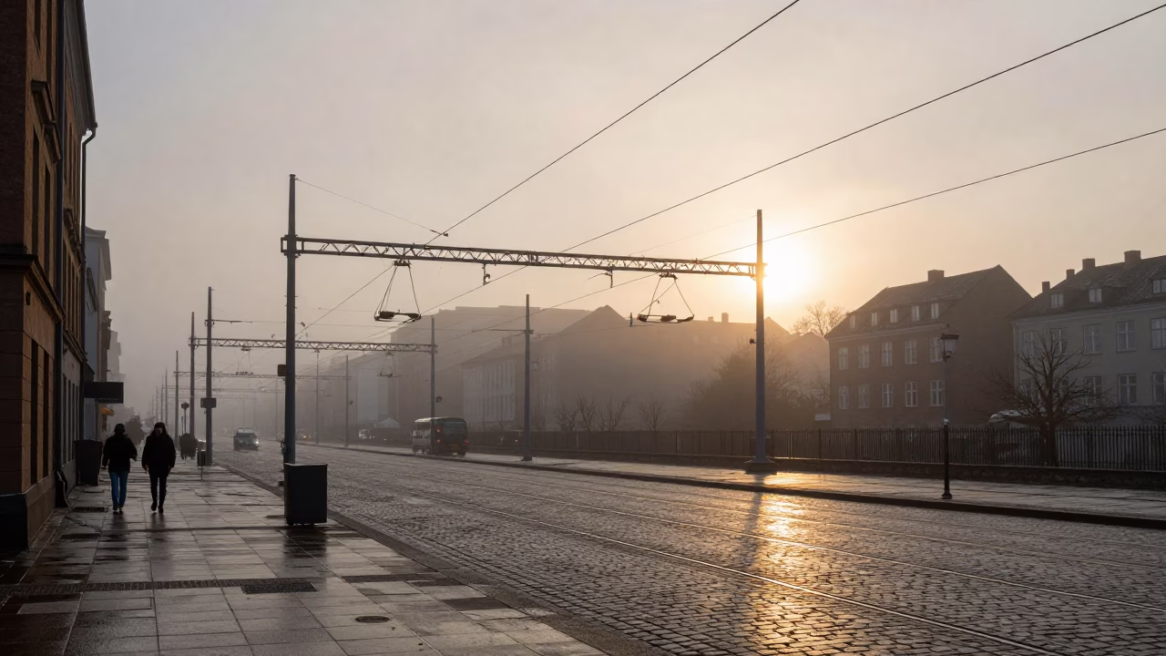 Copenhagen Golden Hour Street Scene with Catenary Wires and Urban Fog in in Copenhagen, Denmark