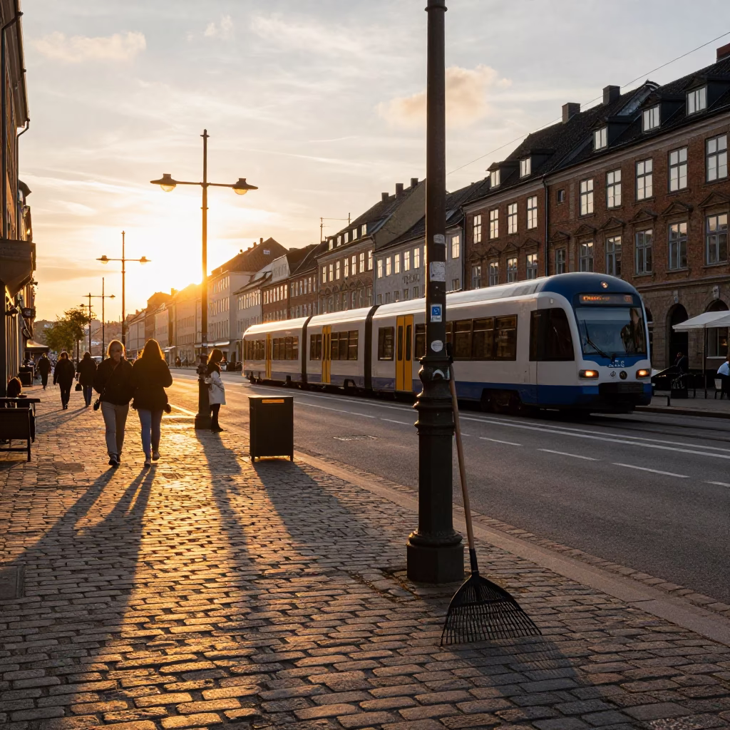 Copenhagen Golden Hour Street Scene with Commuter Train and Garden Rake in in Copenhagen, Denmark