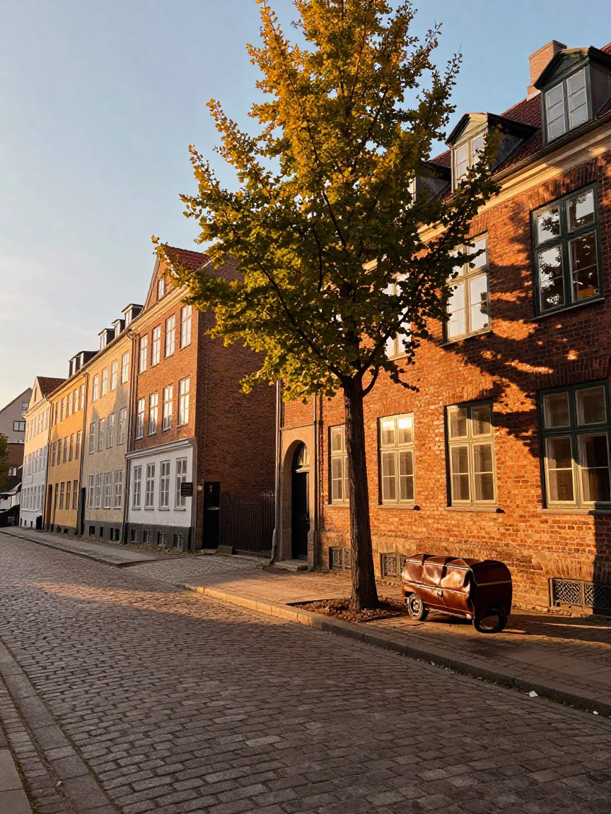 Copenhagen Golden Hour Street Scene with Ginkgo Tree and Vintage Leather Basketball in in Copenhagen, Denmark