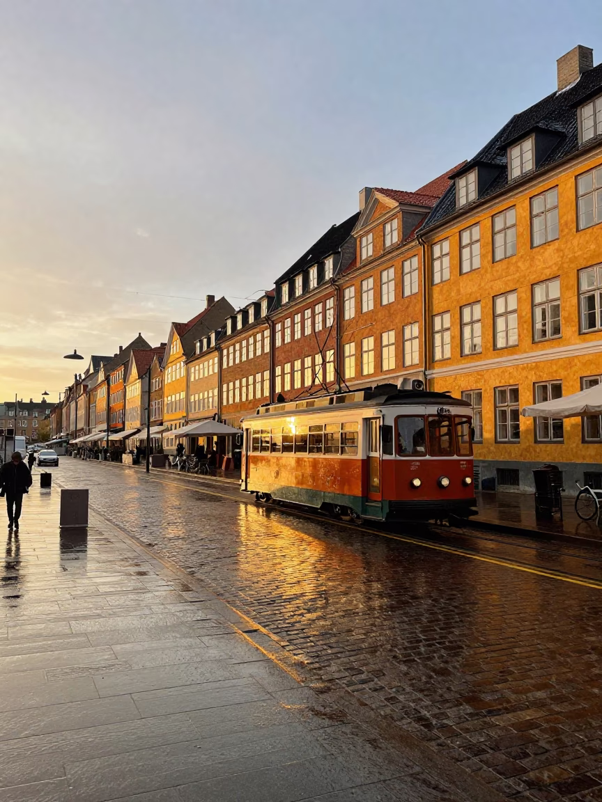Copenhagen Golden Hour Street Scene with Heritage Tram and Rain-Swept Promenade in in Copenhagen, Denmark