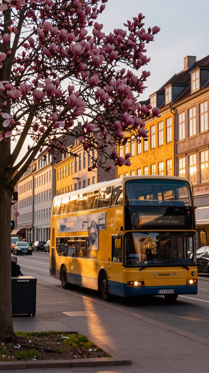 Copenhagen Golden Hour Street Scene with Magnolia Blooms and Double-Decker Bus in in Copenhagen, Denmark