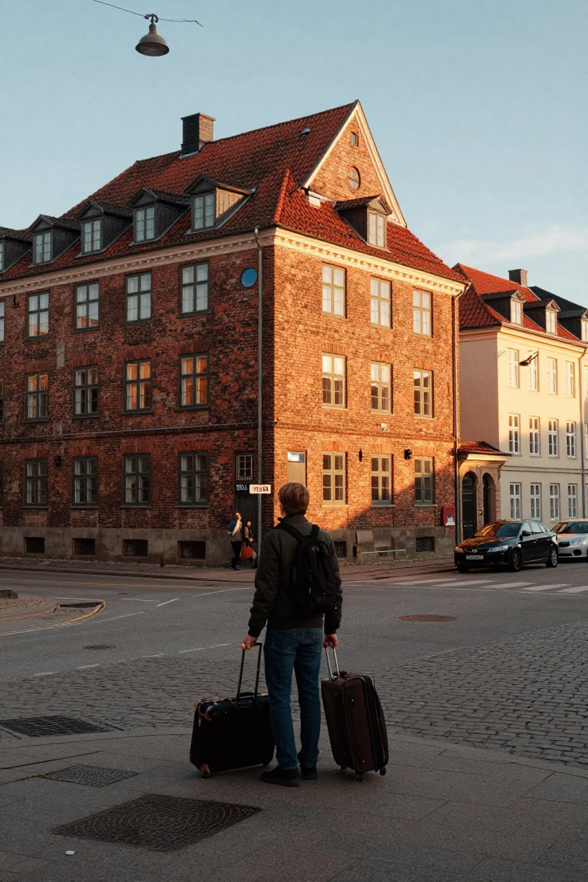 Copenhagen Golden Hour Street Scene with Suitcases and Historic Architecture in in Copenhagen, Denmark