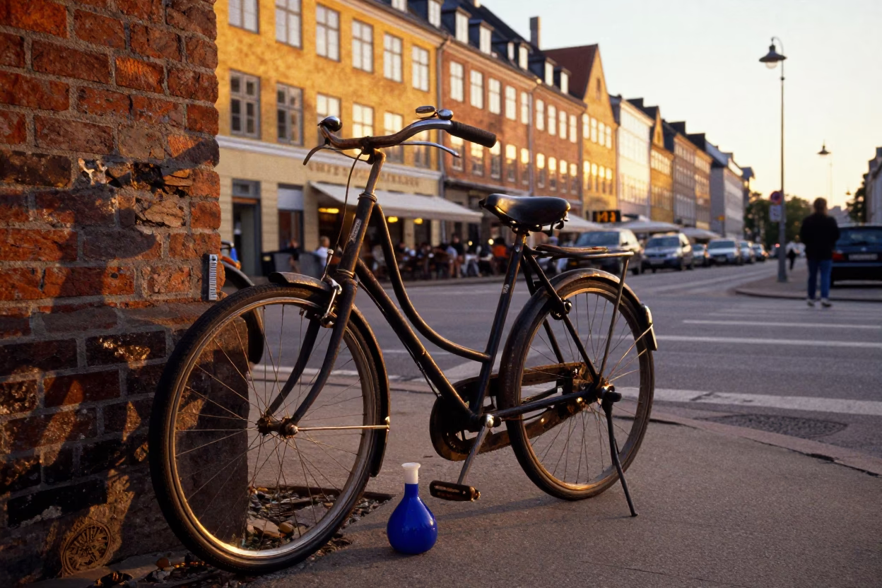 Copenhagen Golden Hour Street Scene with Vintage Bicycle and Cobalt Beaker in in Copenhagen, Denmark