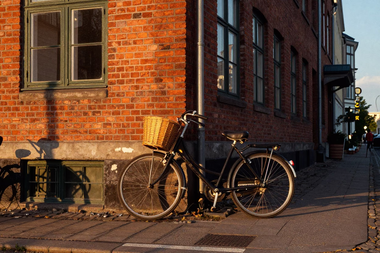 Copenhagen Golden Hour Street Scene with Vintage Bicycle and Key Bowl Detail in in Copenhagen, Denmark