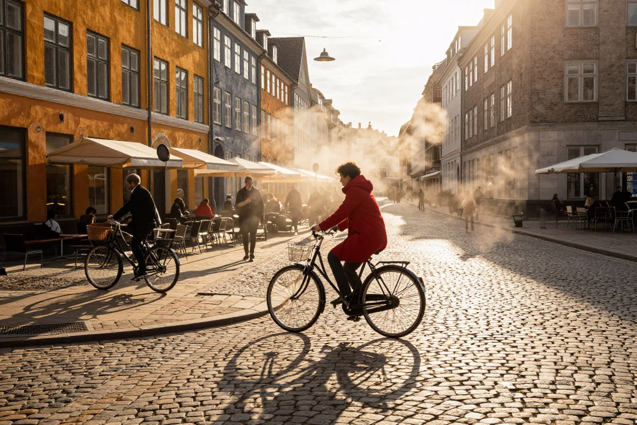 Copenhagen Golden Hour Street Scene with Vintage Bicycle and Steam Haze in in Copenhagen, Denmark