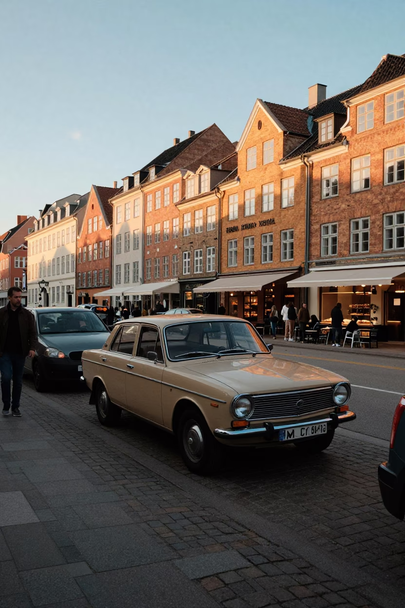 Copenhagen Golden Hour Street Scene with Vintage Car and Danish Bakery Display in in Copenhagen, Denmark