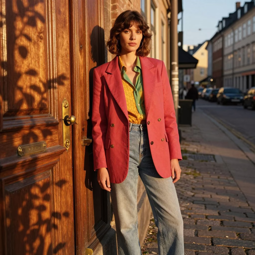 Copenhagen Golden Hour Street Style Fashion Portrait with Leaf Shadows in in Copenhagen, Denmark