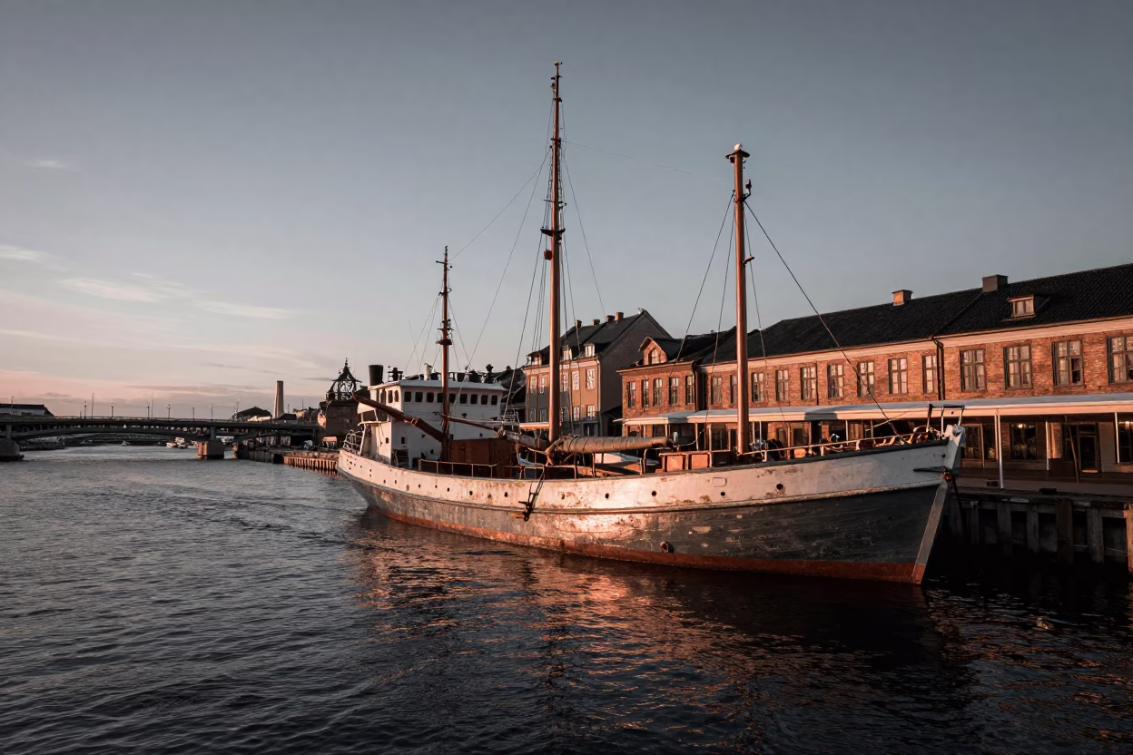 Copenhagen Harbor at Dusk with Junk Boat and Bridge Construction Sparks in in Copenhagen, Denmark