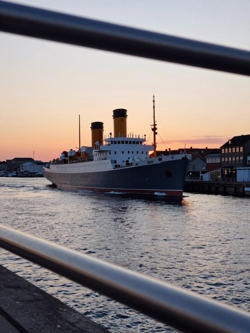 Copenhagen harbor at dusk with steamship listing in swell and brushed steel frame reflection in in Copenhagen, Denmark