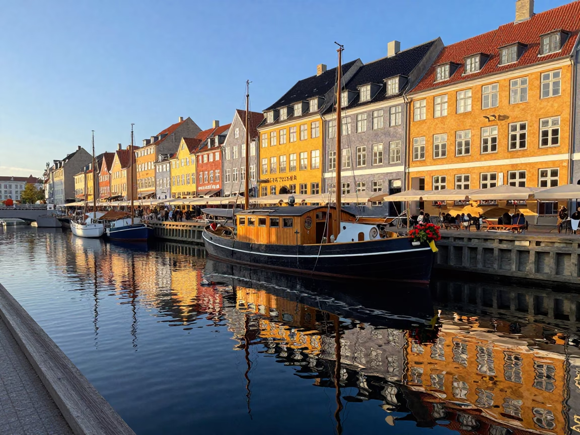 Copenhagen Harbor at Sunrise with Houseboat and Geraniums in in Copenhagen, Denmark