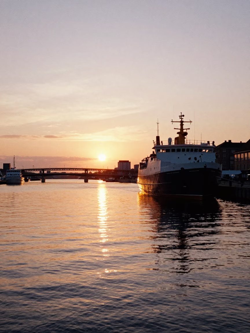 Copenhagen Harbor at Sunset with Research Vessel and Bridge Piers in in Copenhagen, Denmark