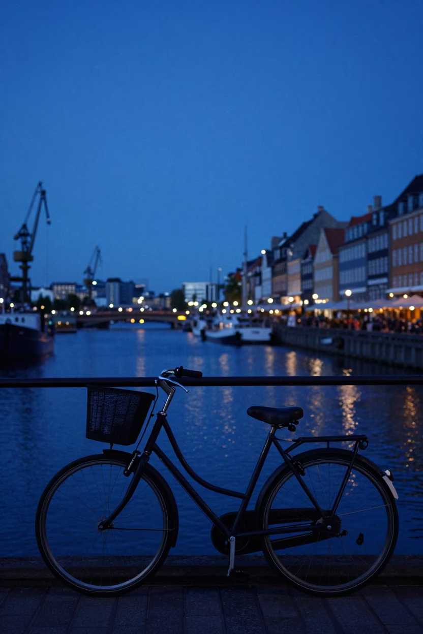 Copenhagen Harbor Blue Hour Evening Light with Bicycle Wheel and Brick Architecture in in Copenhagen, Denmark
