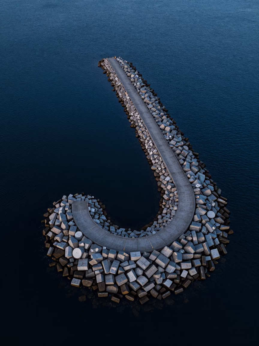 Copenhagen harbor breakwater spiral aerial view in predawn darkness in in Copenhagen, Denmark