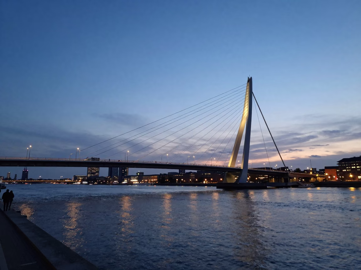 Copenhagen Harbor Bridge at Dusk with Pedestrians and City Lights in in Copenhagen, Denmark
