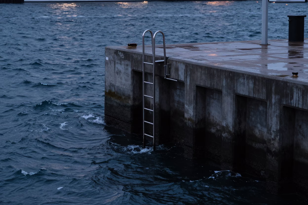 Copenhagen Harbor Bridge Pier Inspection Ladder Above Choppy Water at Twilight in in Copenhagen, Denmark