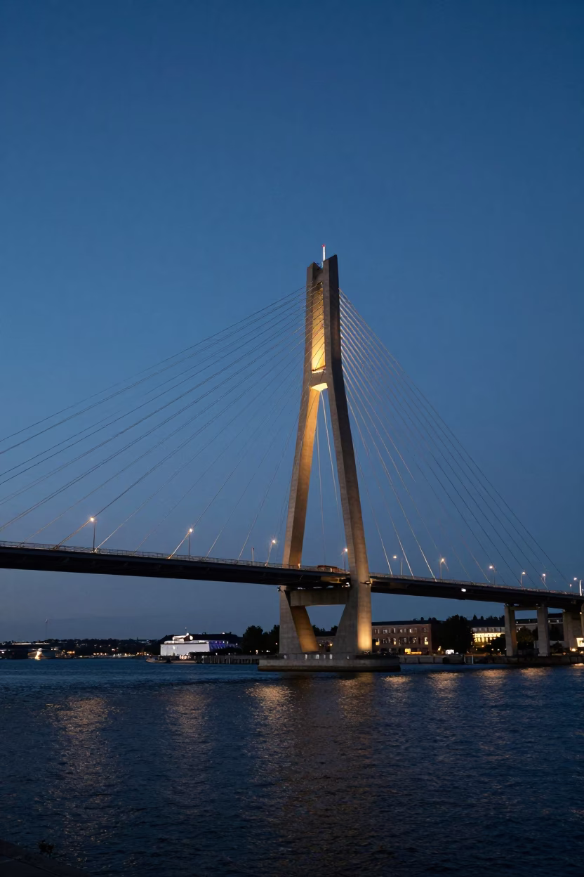 Copenhagen Harbor Cable-Stayed Bridge Illuminated Against Dark Water at Early Evening in in Copenhagen, Denmark