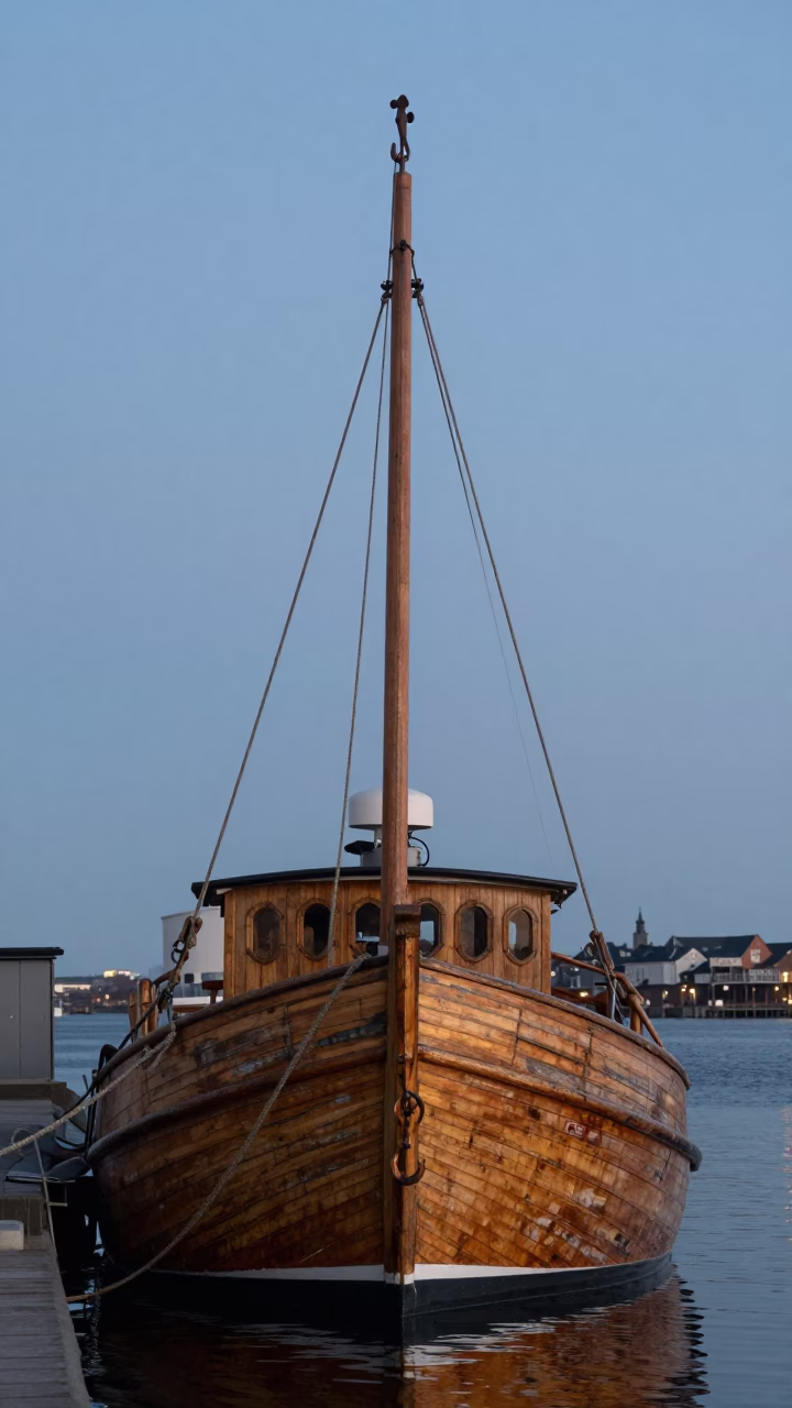 Copenhagen Harbor Dawn Iron Hook on Wooden Lobster Boat with City Skyline in in Copenhagen, Denmark