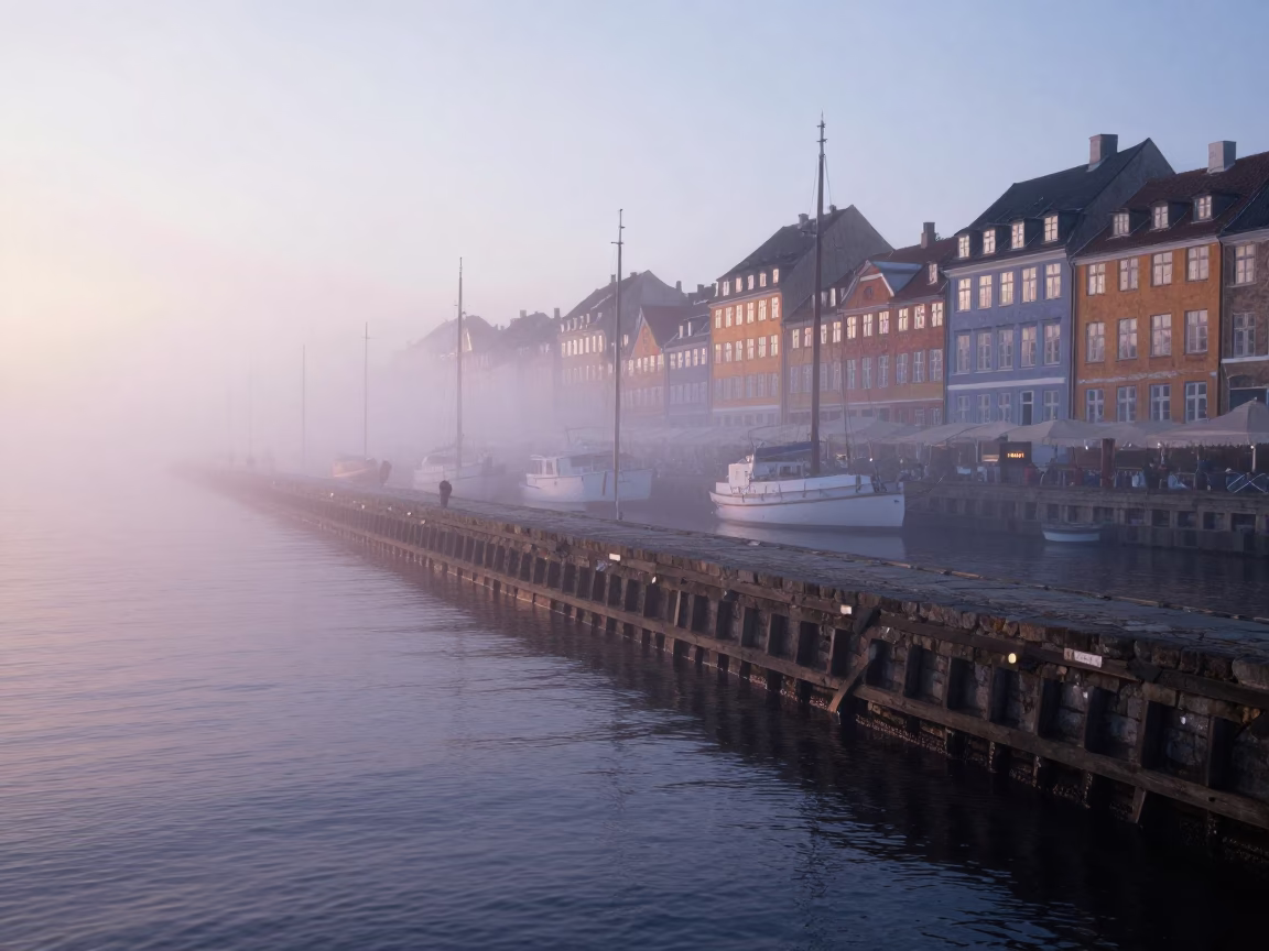 Copenhagen Harbor Dawn Sea Fog Crawling Over Breakwater at First Light in in Copenhagen, Denmark