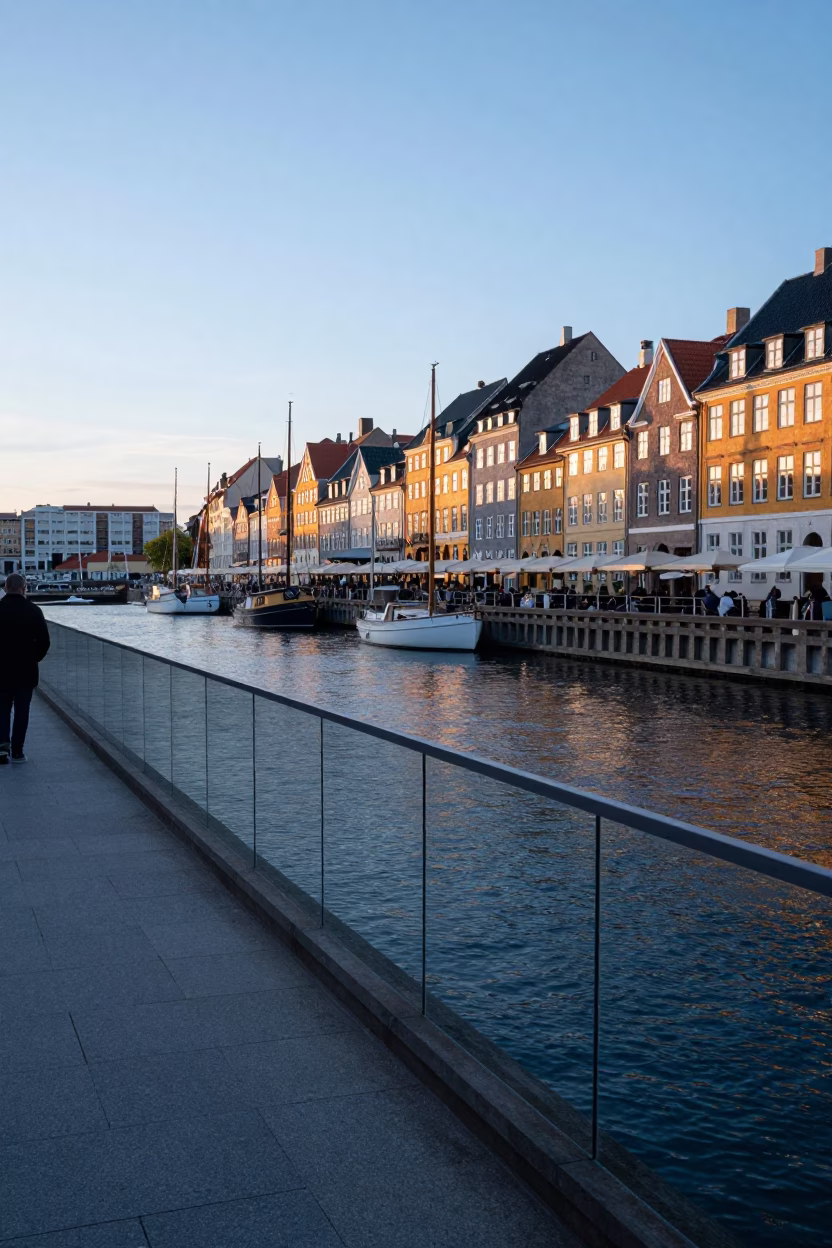 Copenhagen Harbor Dawn Street Scene with Glass Rail and Morning Glory Clouds in in Copenhagen, Denmark