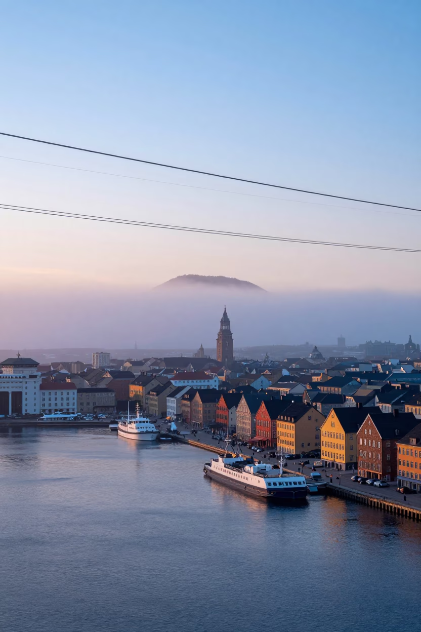 Copenhagen Harbor Dawn with Aerial Tramway and Foggy Mountain Valley Atmosphere in in Copenhagen, Denmark