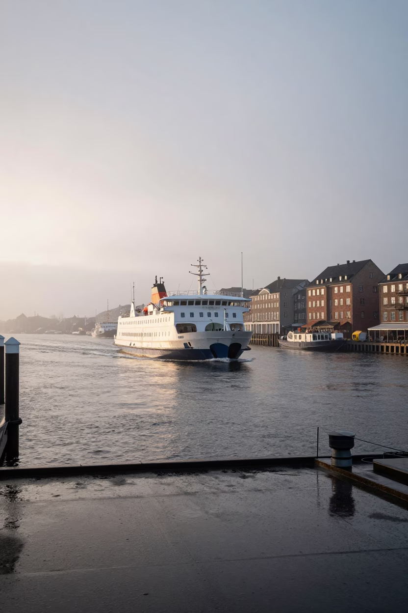 Copenhagen Harbor Dawn with Ferry Approaching Misty Waterway and City Reflections in in Copenhagen, Denmark