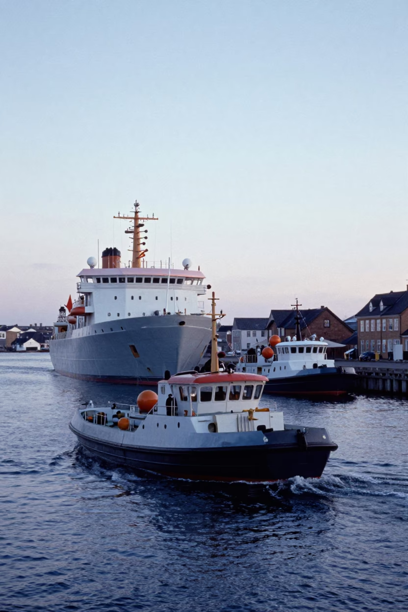 Copenhagen harbor dawn with icebreaker ship and pilot boat at first light in in Copenhagen, Denmark