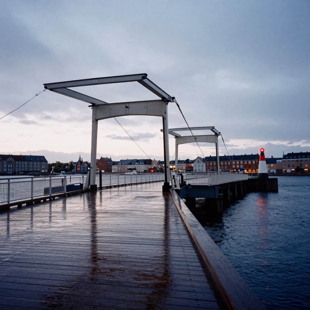Copenhagen harbor dawn with wet drawbridge and blinking beacon light in in Copenhagen, Denmark