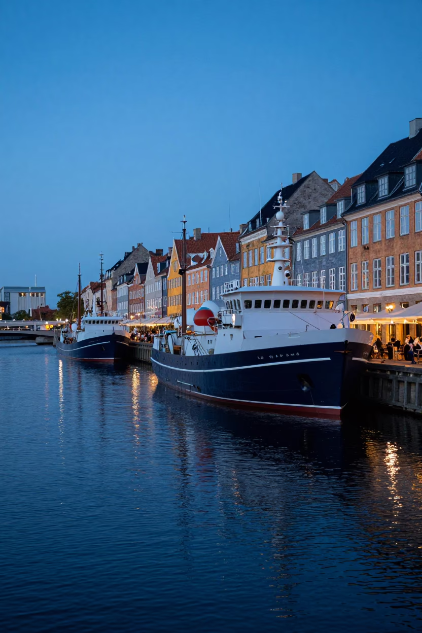 Copenhagen Harbor Evening Blue Hour with Research Vessel and Radish Market Stalls in in Copenhagen, Denmark