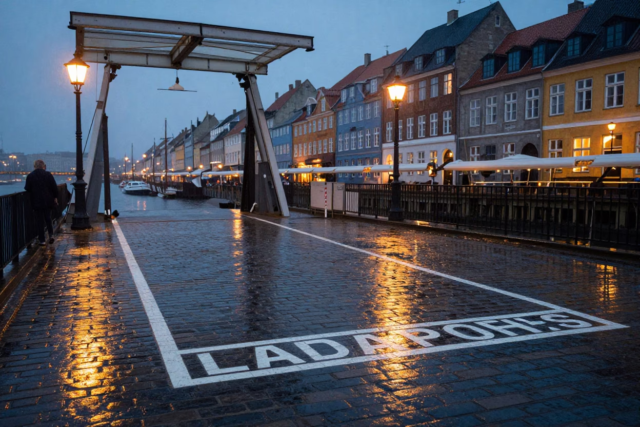 Copenhagen Harbor Evening Drawbridge Deck Markings Under Harbor Drizzle Realistic Street Scene in in Copenhagen, Denmark