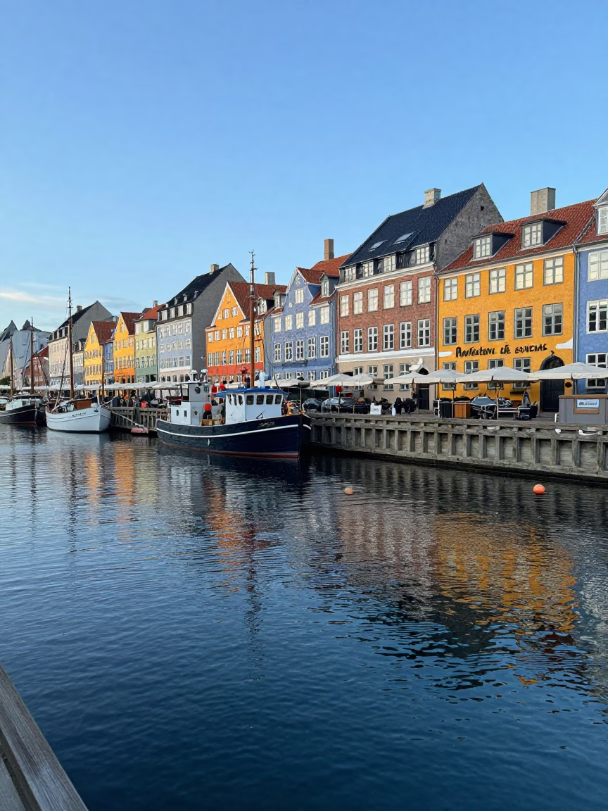 Copenhagen harbor evening scene with fishing floats and marine science station in in Copenhagen, Denmark