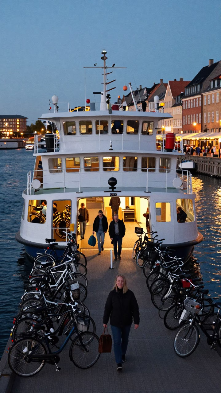 Copenhagen Harbor Ferry Loading Bicycles at Dusk with City Lights in in Copenhagen, Denmark