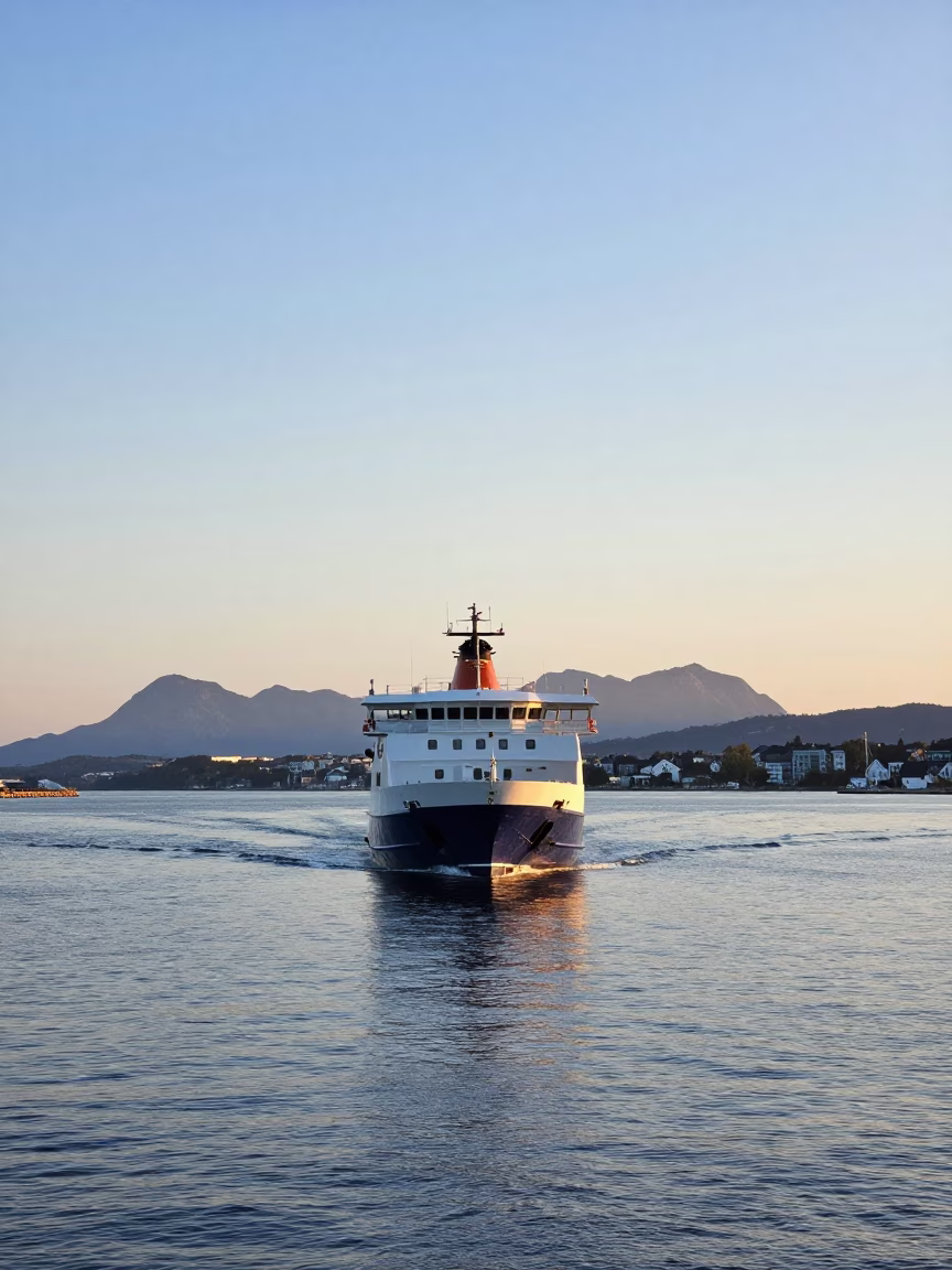 Copenhagen harbor first light ferry departure mountains background in in Copenhagen, Denmark
