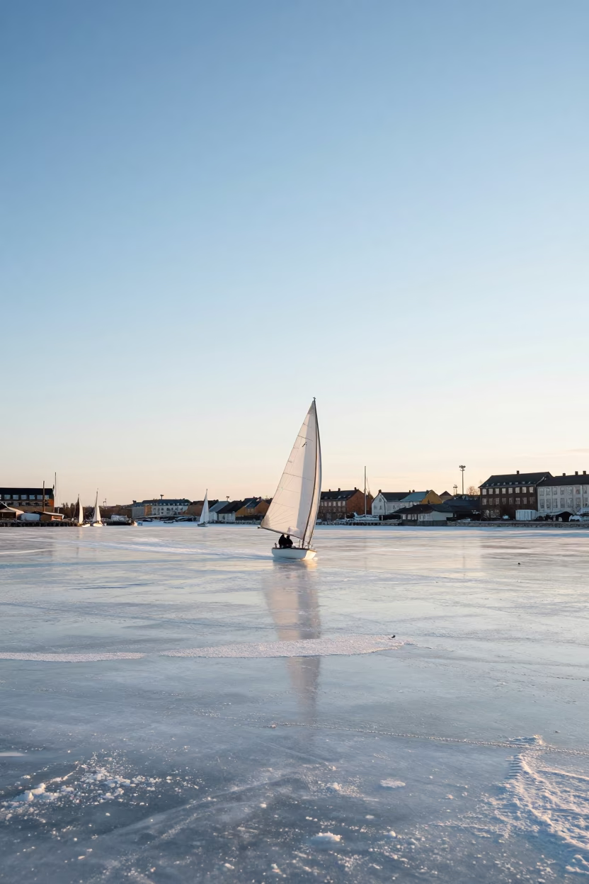 Copenhagen Harbor Frozen Lake Iceboat Sailing in Late Afternoon Light in in Copenhagen, Denmark