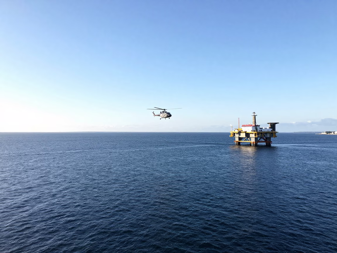 Copenhagen Harbor Midday Helicopter Approach to Offshore Platform with Brass Handle Detail in in Copenhagen, Denmark