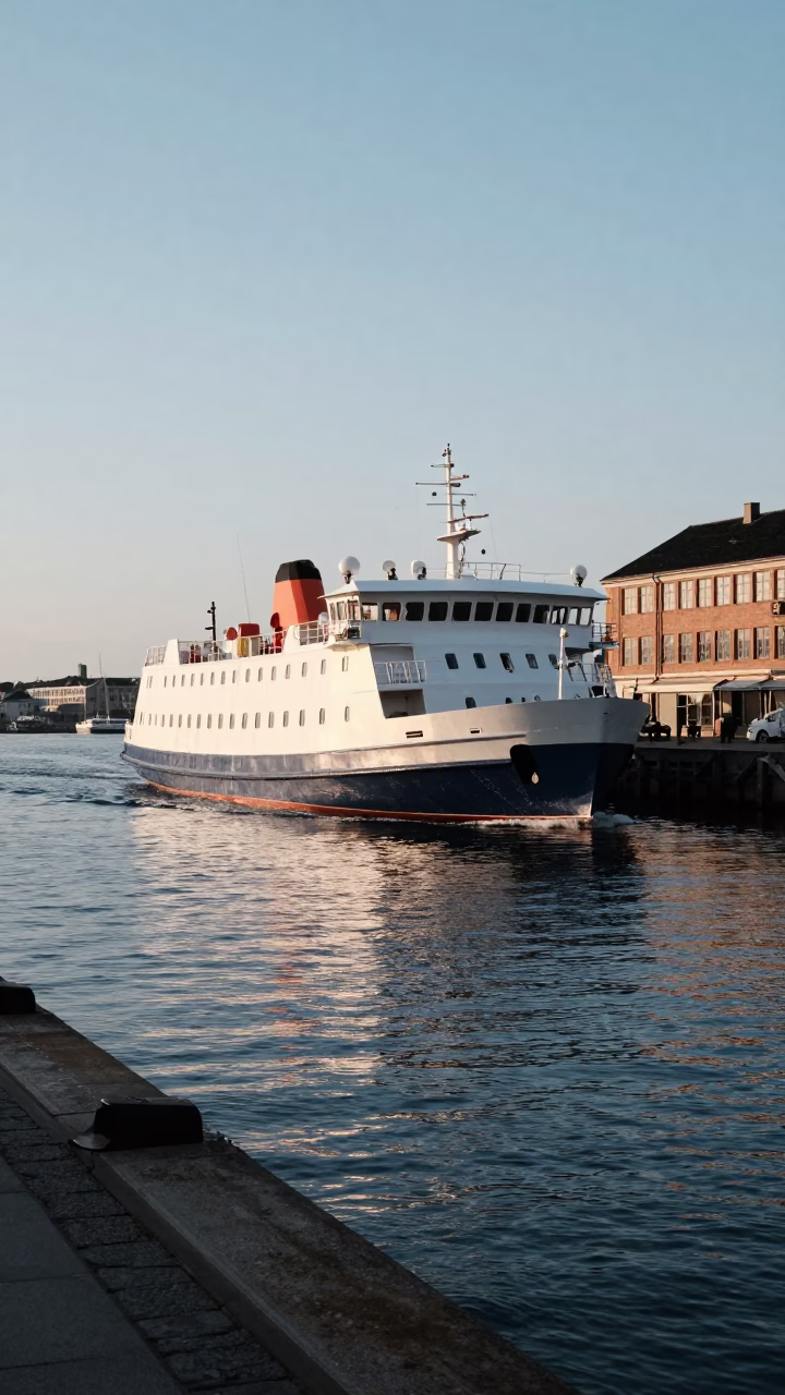 Copenhagen Harbor Morning Light Mail Boat Arrival Island Ferry Dock in in Copenhagen, Denmark