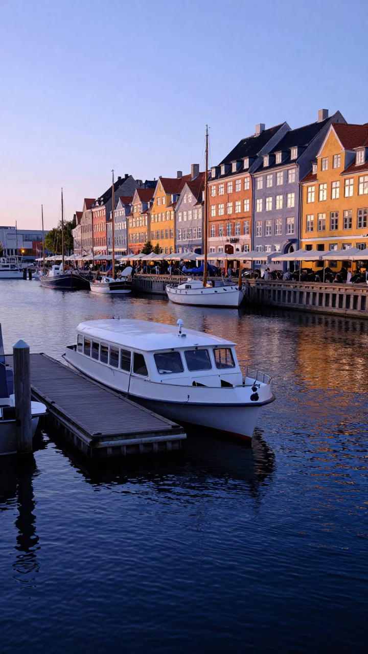Copenhagen Harbor Nautical Dawn Water Taxi Floating Dock and Morning Light in in Copenhagen, Denmark