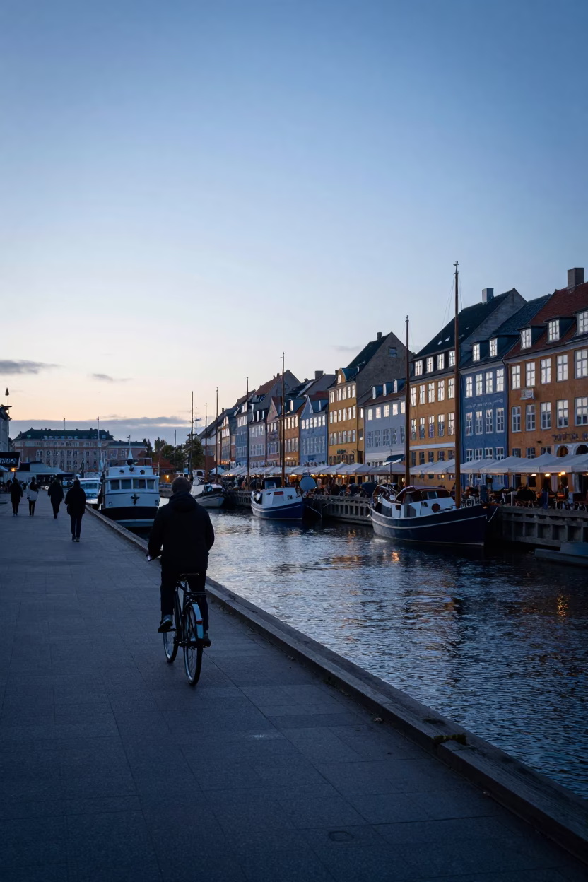 Copenhagen Harbor Pre-Dawn Street Scene with Bicycle and Morning Mist in in Copenhagen, Denmark