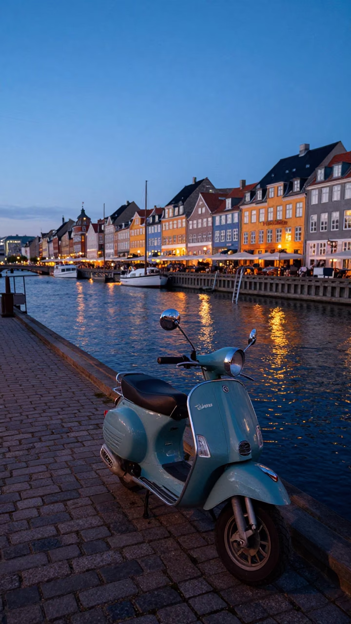 Copenhagen Harbor Promenade Blue Hour Scooter and Bridge Ladder in in Copenhagen, Denmark