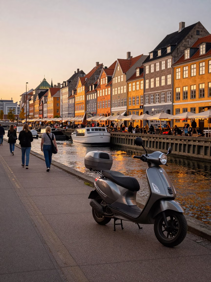Copenhagen Harbor Promenade Evening Light Scooter and Pedestrian Overpass in in Copenhagen, Denmark