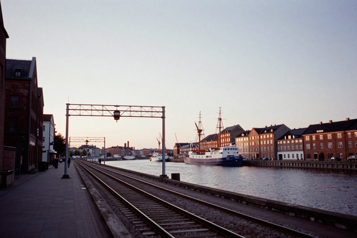 Copenhagen harbor scene at dawn with signal gantry and parallel rail lines in mist in in Copenhagen, Denmark