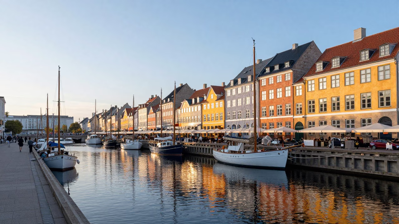 Copenhagen Harbor Sunrise with Docked Sailing Yachts and Historic Brick Architecture in in Copenhagen, Denmark