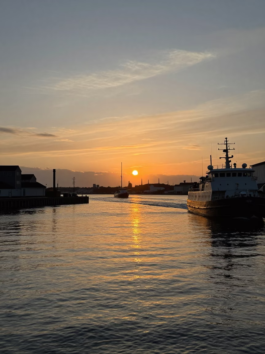Copenhagen Harbor Sunset Reflections and Industrial Maritime Details in in Copenhagen, Denmark