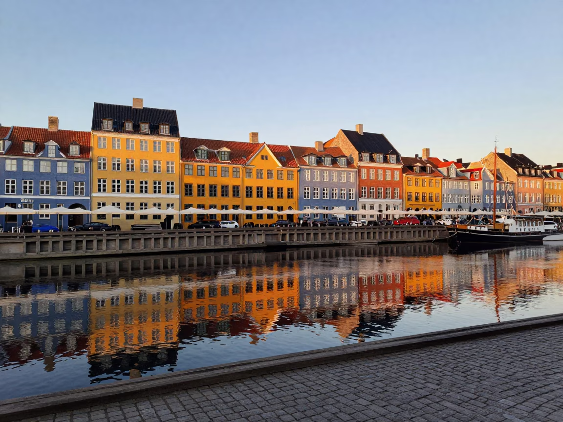 Copenhagen Harbor Sunset Reflections on Nyhavn Colorful Buildings and Canal Water in in Copenhagen, Denmark