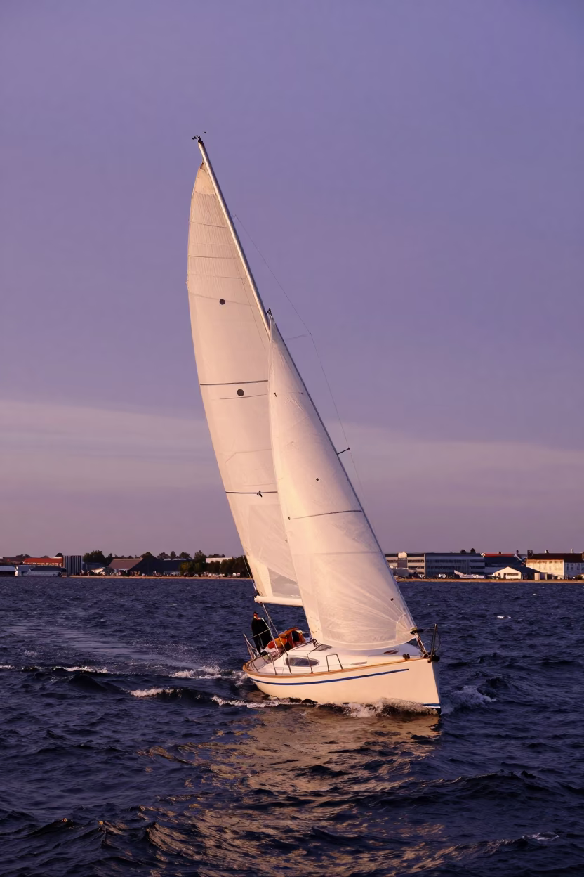 Copenhagen Harbor Sunset Sailboat Heeling Strong Wind Waterfront in in Copenhagen, Denmark