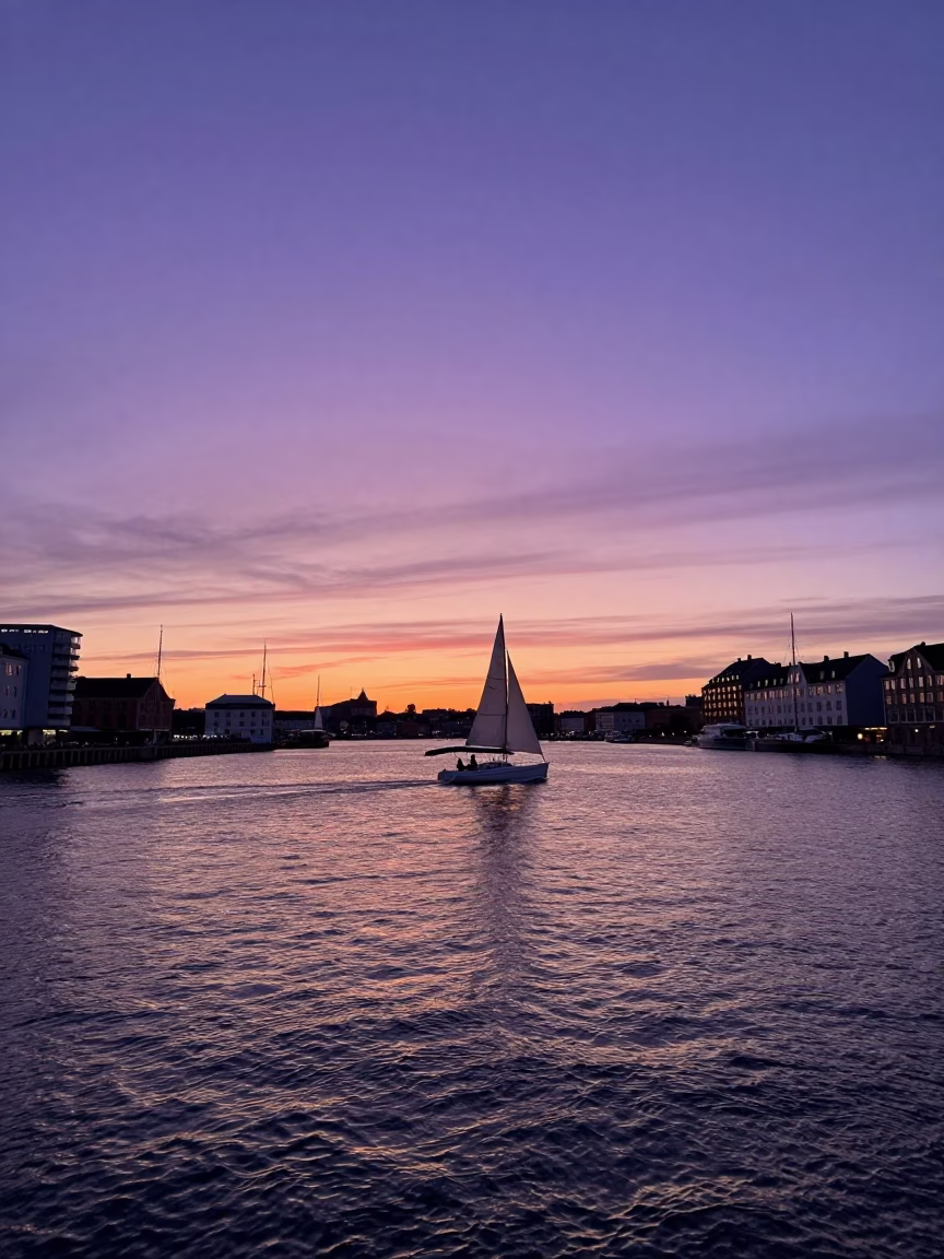 Copenhagen Harbor Sunset Sailboat Wing-on-Wing Horizon Shot in in Copenhagen, Denmark
