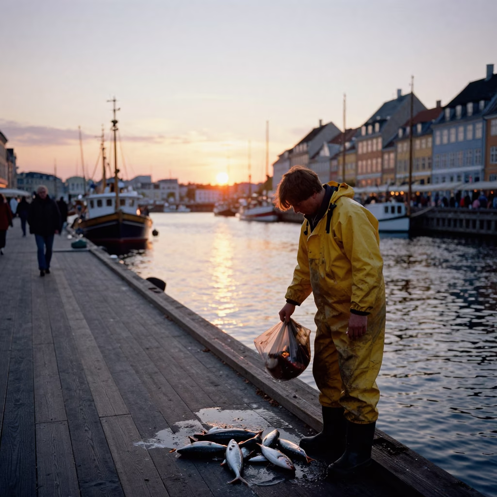 Copenhagen Harbor Sunset Scene with Fisherman Cleaning Catch on Dock in in Copenhagen, Denmark